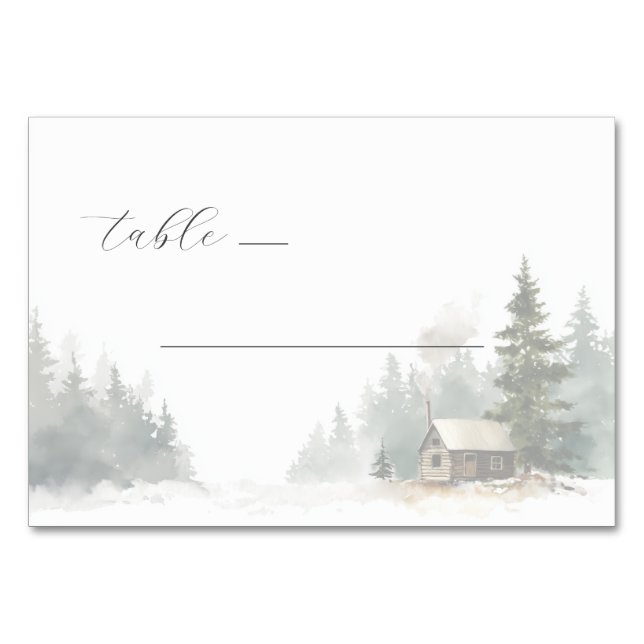 Numéro De Table Scène de cabane à l'aquarelle en hiver paisible (Devant)
