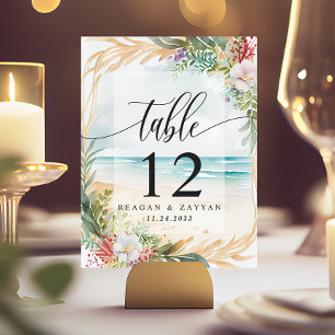 Numéro De Table Scène de plage à l'aquarelle florale Mariage d'été