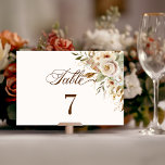 Numéro De Table Script botanique Rose d'automne rustique<br><div class="desc">L'amour d'un mariage d'automne est capturé dans ce design élégant avec roses d'aquarelle et de la verdure dans les couleurs chaudes de l'automne de terre cuite, ivoire, rouille, châtaignier, bleu poussiéreux et vert sauge avec des touches d'or pétillant. Cette conception comporte également des graphiques texte uniques dans une police de...</div>
