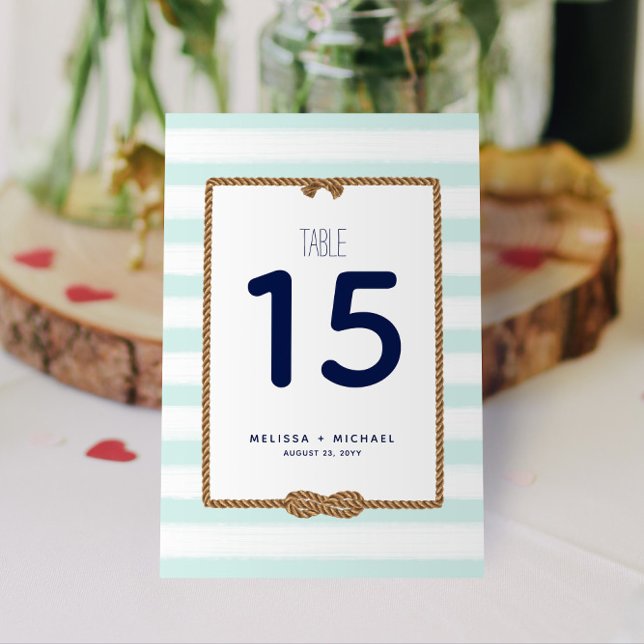 Numéro de table Seafoam White Nautical Knot 3,5x5, (Nautical Stripes and Infinity Knot Mint and White Table Numbers for Your Wedding, Shower, or Event!)