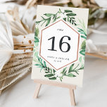 Numéro De Table Serre | Mariage botanique aquarelle<br><div class="desc">Les cartes de numéro de table botanique d'hiver chic comportent une bordure géométrique en faux cuivre entourée d'un feuillage botanique vert d'aquarelle et de minuscules fleurs blanches, sur un arrière - plan en ivoire crème souple. Conçu pour coordonner avec notre collection de papeterie mariage Greenhouse. REMARQUE : Les cartes de...</div>