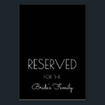 Numéro De Table Signes de table de Mariage noir et blanc réservés<br><div class="desc">Noir les cartes de place réservées à plier en deux après l'achat. Texte imprimé blanc moderne, et script pour le résultat, cette carte debout en noir et blanc personnalisée peut être utilisée pour réserver des sièges pour n'importe quel groupe - famille de la mariée, fête de la mariée, etc., ou...</div>
