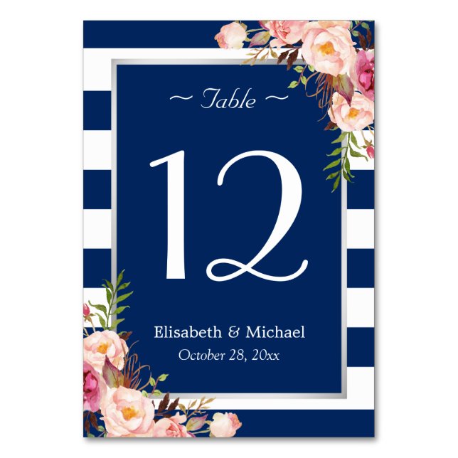 Numéro De Table Silver Navy Bleu Blancs Mariage Floral (Par défaut)