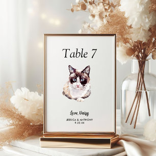 Numéro De Table Simple Aquarelle Moderne Chat Mariage 