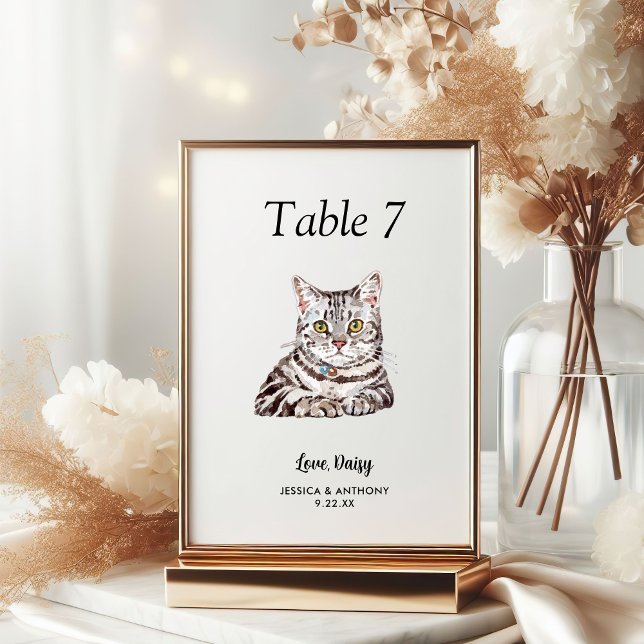 Numéro De Table Simple Aquarelle Moderne Chat Mariage  (Créateur téléchargé)
