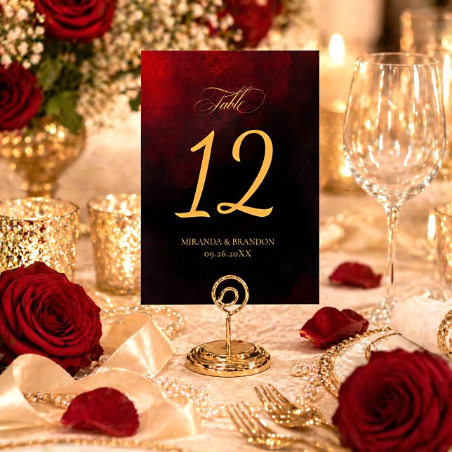 Numéro De Table Simple Élégant Rouge Noir Or Calligraphie Mariage (Créateur téléchargé)