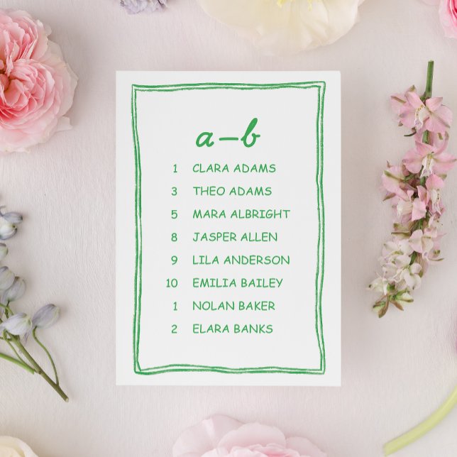 Numéro De Table Simple Green Doodle Wedding Seating Chart Card (Créateur téléchargé)