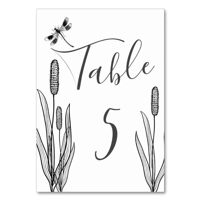 Numéro De Table Simple Libellule et Massettes Noir Blanc Mariage (Par défaut)
