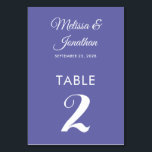 Numéro De Table Simple moderne blanc perwinkel élégant mariage<br><div class="desc">Carte de numéro de table minimaliste simple et élégante avec un script blanc élégant sur un arrière - plan contemporain romantique perwinkle violet. Facilement personnalisable avec les noms de la mariée et du marié, la date du mariage et le numéro de table. Pour plus de personnalisation ou des commandes personnalisées,...</div>