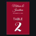 Numéro De Table Simple moderne crammson rouge élégant mariage<br><div class="desc">Carte de numéro de table minimaliste simple et élégante avec un script blanc élégant sur un arrière - plan rouge pourpre. Facilement personnalisable avec les noms de la mariée et du marié, la date du mariage et le numéro de table. Pour plus de personnalisation ou des commandes personnalisées, n'hésitez pas...</div>