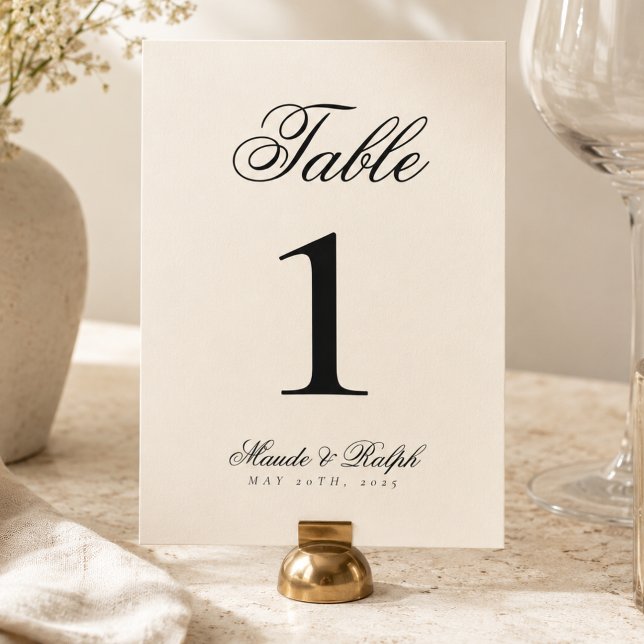 Numéro De Table Simple Moderne Mariage Argent Noir et Crème (Simple Modern Old Money Black and Cream Wedding Table Number)