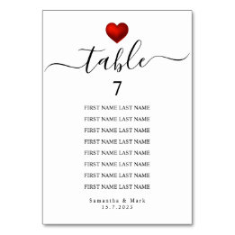 Numéro De Table Simple moderne Red Heart Mariage blanc