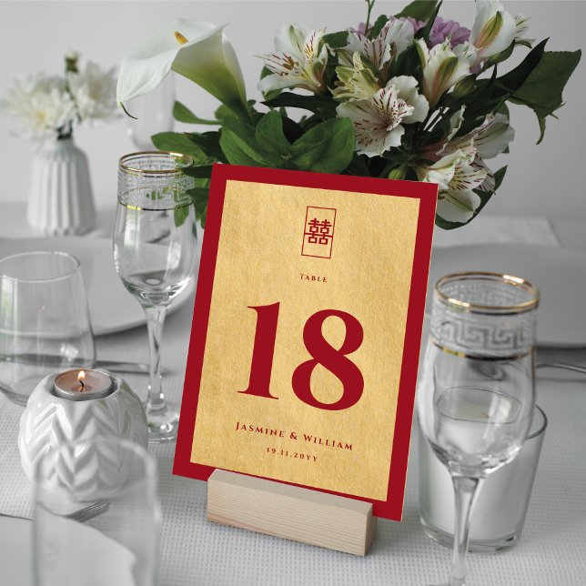 Numéro De Table Simple Rectangle Double Xi Golden Mariage chinois (Créateur téléchargé)