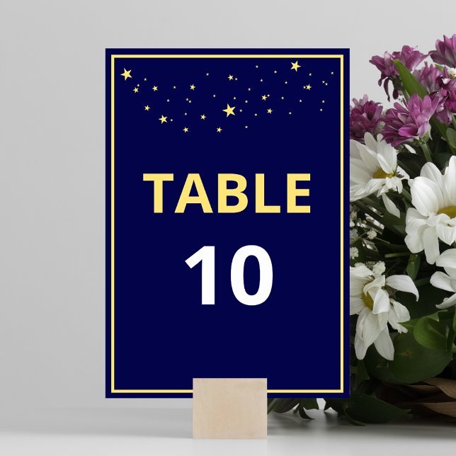 Numéro De Table Société Charity Gala Ball Elegant Or Blue Custom (Table number in dark blue with gold stars - part of the Charity Gala Ball Goil Foil Stars Collection)