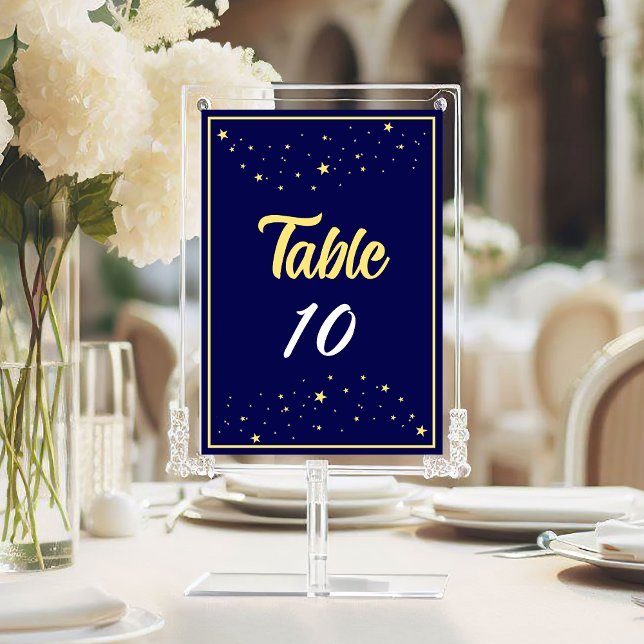 Numéro De Table Société Charity Gala Ball Événement Elegant Gold B (Charity Ball Gala Event Table Number in Navy Blue and Gold with Stars.)