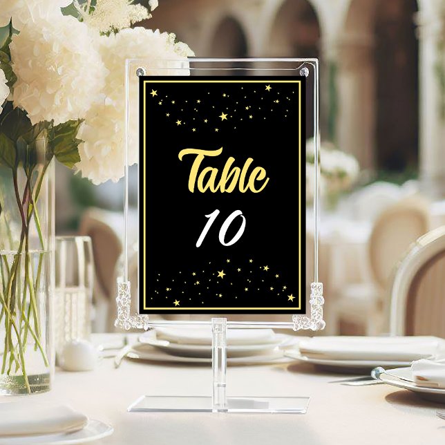 Numéro De Table Société Charity Gala Ball Event Elegant Gold Black (Company Charity Gala Ball Event Elegant Black Gold Table Number with Stars.)