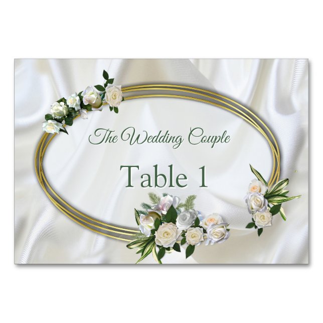 Numéro De Table Soie blanche luxueuse et fluide et roses blanches. (Devant)