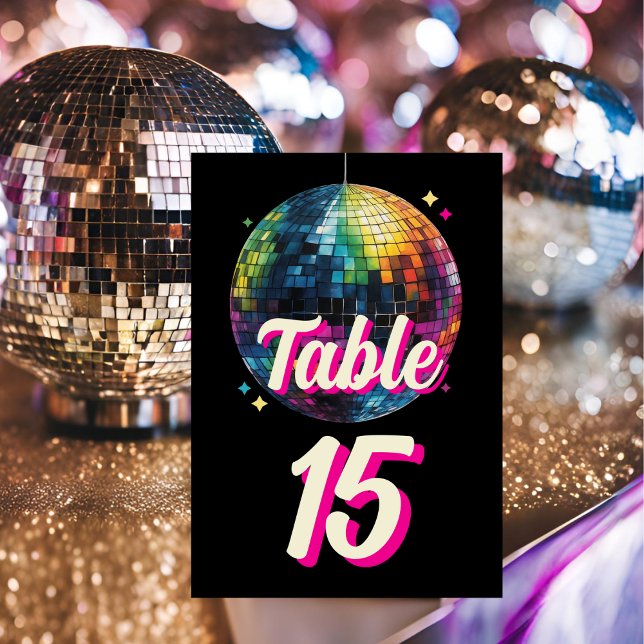 Numéro De Table Soirée Rétro 70 Disque de Disco Paillettes Mariage (Angled view retro 70s disco ball wedding dance themed wedding vintage glam festive Table Number)