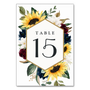Numéro De Table Sunflower Bourgogne Rouge et bleu marine Roses Mar