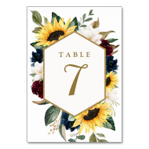 Numéro De Table Sunflower Bourgogne Rouge et bleu marine Roses Mar