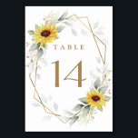 Numéro De Table Sunflower Elegant Rustique Mariage d'or géométriqu<br><div class="desc">Le design présente une verdure aquarelle,  des tournesols,  des éléments en or imprimé et des feuilles botaniques aérés sur un cadre géométrique imprimé couleur or. Le fond est assorti d'une verdure et d'une couronne de tournesol.</div>