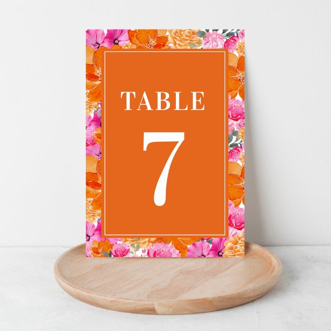 Numéro De Table Table 7 de mariage aquarelle fleurs rose et orange (Créateur téléchargé)