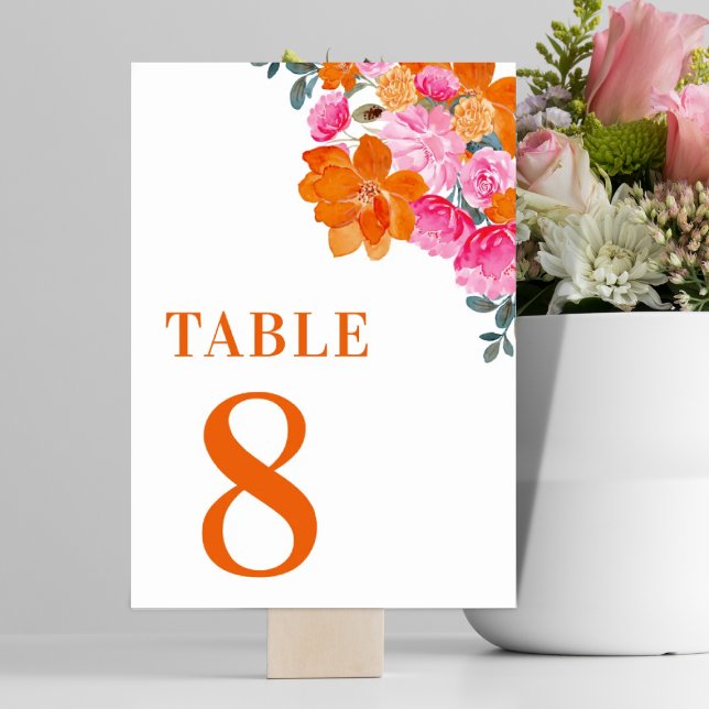Numéro De Table Table 8 Fleurs de mariage d'été rose et orange (Créateur téléchargé)