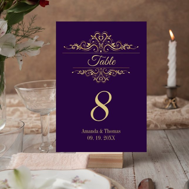 Numéro De Table Table mariage violette élégante à cadre doré (Créateur téléchargé)