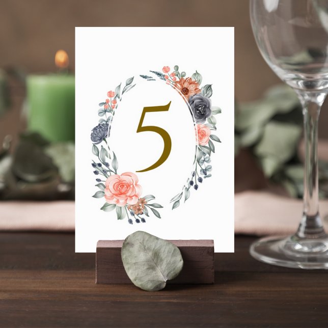 Numéro De Table Table Number Card with Soft Peach & Blue Flowers (Créateur téléchargé)