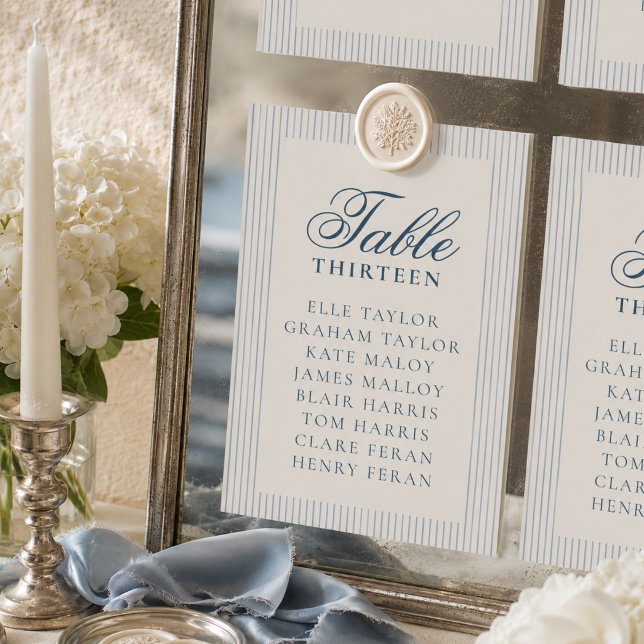 Numéro De Table Tableau de placement de mariage à rayures bleues O (Old Money Blue Stripe Wedding Seating Chart Table Number)