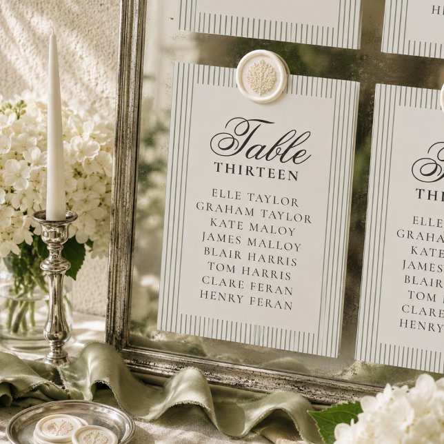 Numéro De Table Tableau de placement de mariage à rayures Sage Old (Old Money Sage Stripe Wedding Seating Chart Table Number)