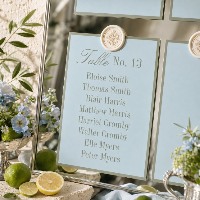 Numéro De Table Tableau de placement de mariage bleu poudré modern (Modern Powder Blue Wedding Seating Chart Table Number)