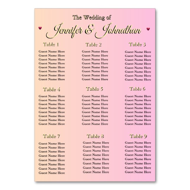 Numéro De Table Tableau de placement de mariage élégant coeurs ros (Par défaut)