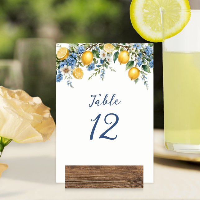 Numéro De Table Tables de mariage aux citrons méditerranéens d'Ama (A customizable table number card for an elegant wedding reception, with Mediterranean lemons design)