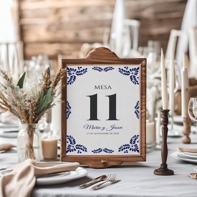 Numéro De Table Talavera Blue Floral Minimalist Spanish Wedding (Talavera Blue Floral Minimalist Spanish Wedding Table Number)