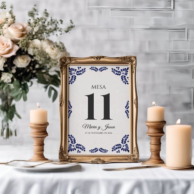 Numéro De Table Talavera Fleurs Noires Mariage Espagnol Minimalist (Talavera Black Floral Minimalist Spanish Wedding Table Number)