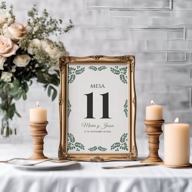 Numéro De Table Talavera Green Floral Minimalist Spanish Wedding (Talavera Green Floral Minimalist Spanish Wedding Table Number)