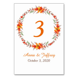 Numéro De Table Tangerine Automne Floral Wreath Mariage