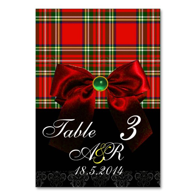 NUMÉRO DE TABLE TARTAN ÉCOSSAIS AVEC MONOGRAMME À RUBAN ROUGE (Dos)