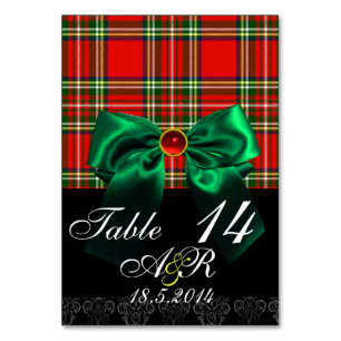 NUMÉRO DE TABLE TARTAN ÉCOSSE ROUGE AVEC MONOGRAMME VERT EN BAS