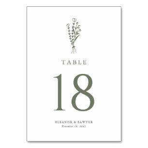 Numéro De Table Taupe vert minimaliste Mariage de bouquet floral