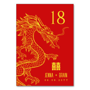 Numéro De Table Thème Dragon Double Bonheur   Or sur rouge