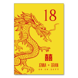Numéro De Table Thème Dragon Double Bonheur   Rouge sur or