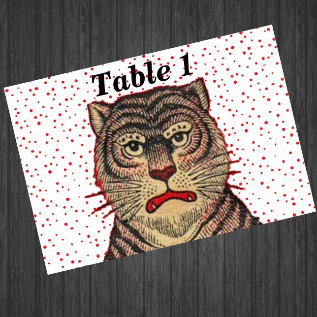 Numéro De Table Tigre vintage-Asiatique trié (Head of fierce Asian tiger on white with red polka dots event table cards.)