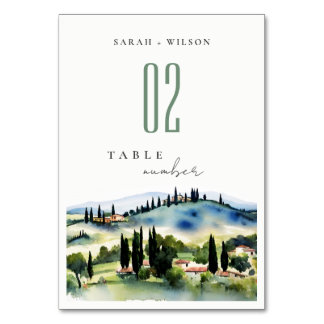 Numéro De Table Toscane Italie Aquarelle Paysage Mariage