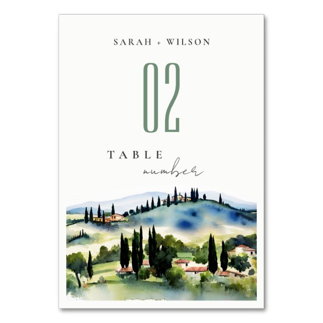 Numéro De Table Toscane Italie Aquarelle Paysage Mariage (Par défaut)