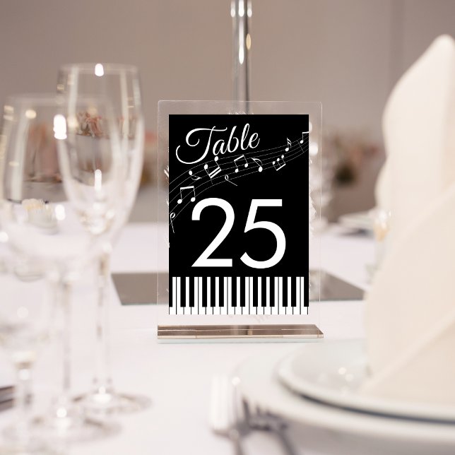 Numéro De Table Touches de Piano Notes de Musique Mariage Noir & B (Front view classic melody themed ceremony with timeless modern symphony style wedding table number)