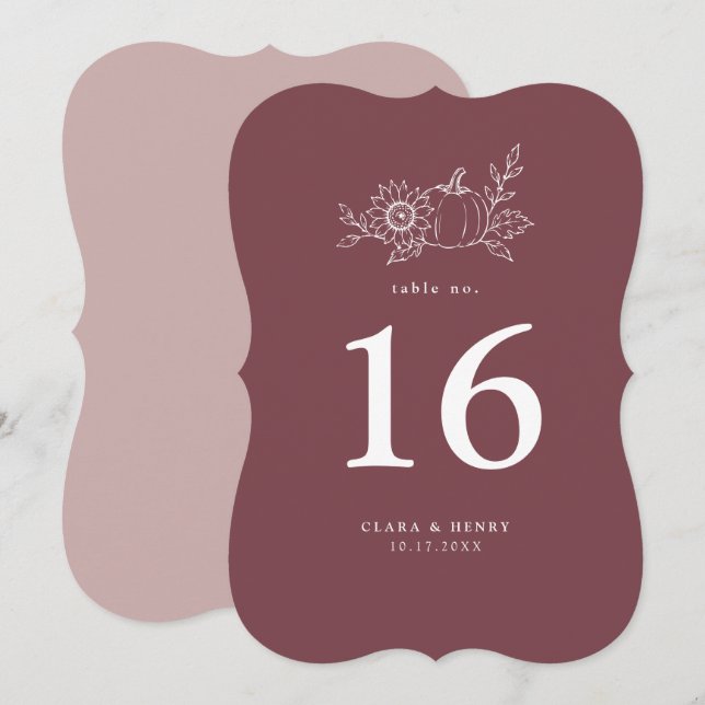 Numéro de table tournesol citrouille burgundy déco (Devant / Derrière)