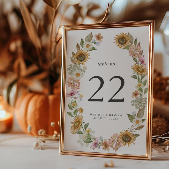 Numéro de table Tournesol Élégant (Elegant Watercolor Sunflower Wildflower Decor Table Number by Painted Paperie
)