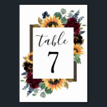 Numéro De Table Tournesol et Rose Bourgogne Rouge Mariage bleu de<br><div class="desc">Le design présente d'élégants roses d'aquarelle, des pivoines, des fleurs sauvages et des tournesols dans différentes nuances de rouge bordeaux, bleu marine et plus sur une couronne de verdure d'eucalyptus. Le design comprend également un cadre en bois de grange sous la couronne. Une disposition de police unique complète le design...</div>